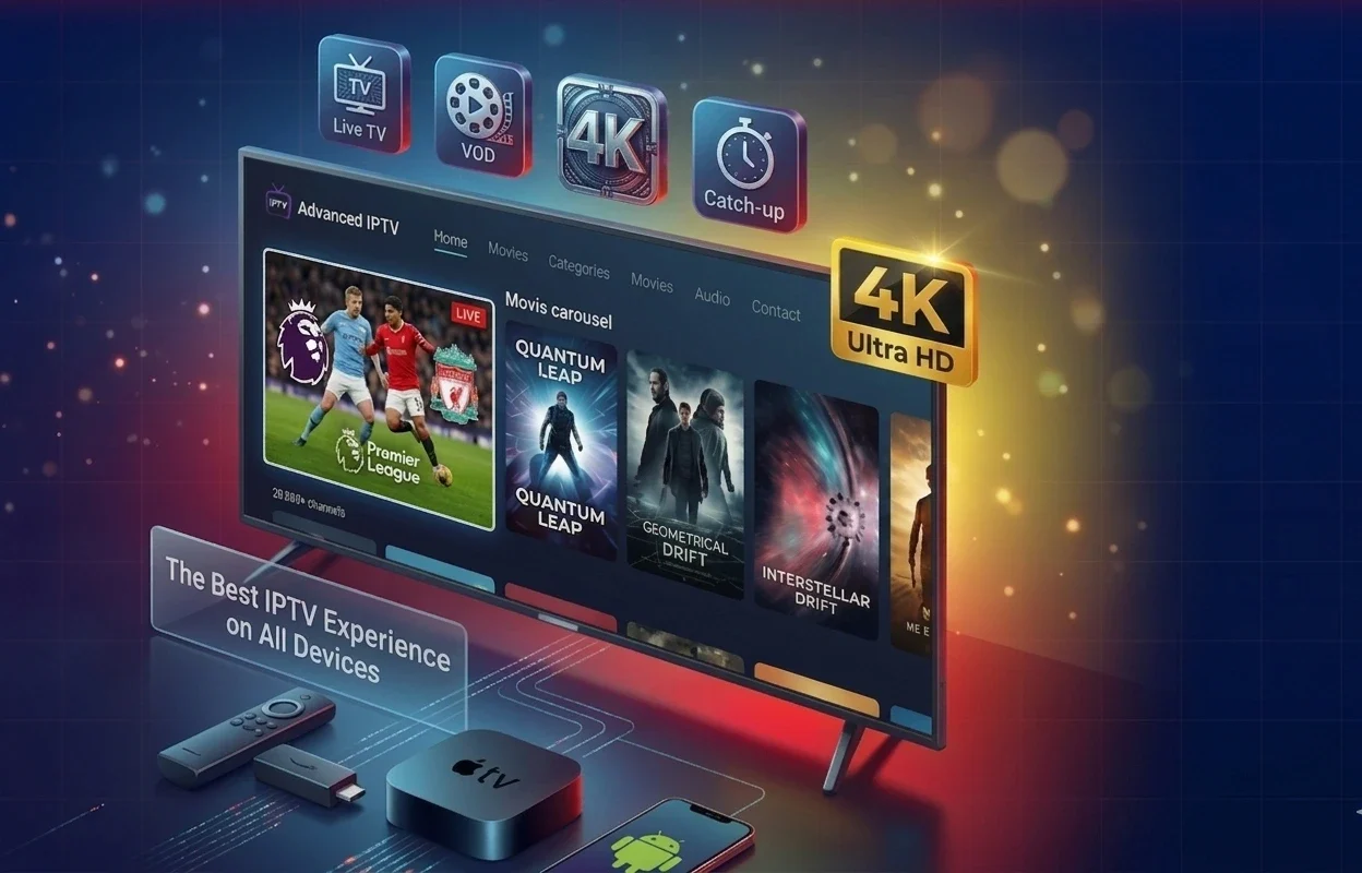 UK TV Subscription IPTV service showing live channels on multiple devices including Firestick, Smart TV and mobile